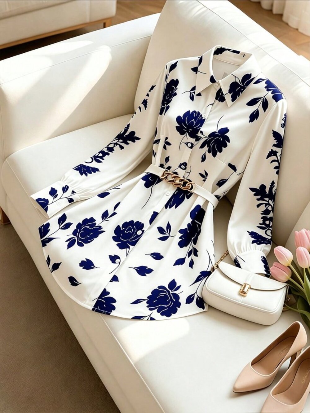 Blue Casual Women's Plus Size Floral Tie Front Long Sleeve Shirt - Picture 3 of 5